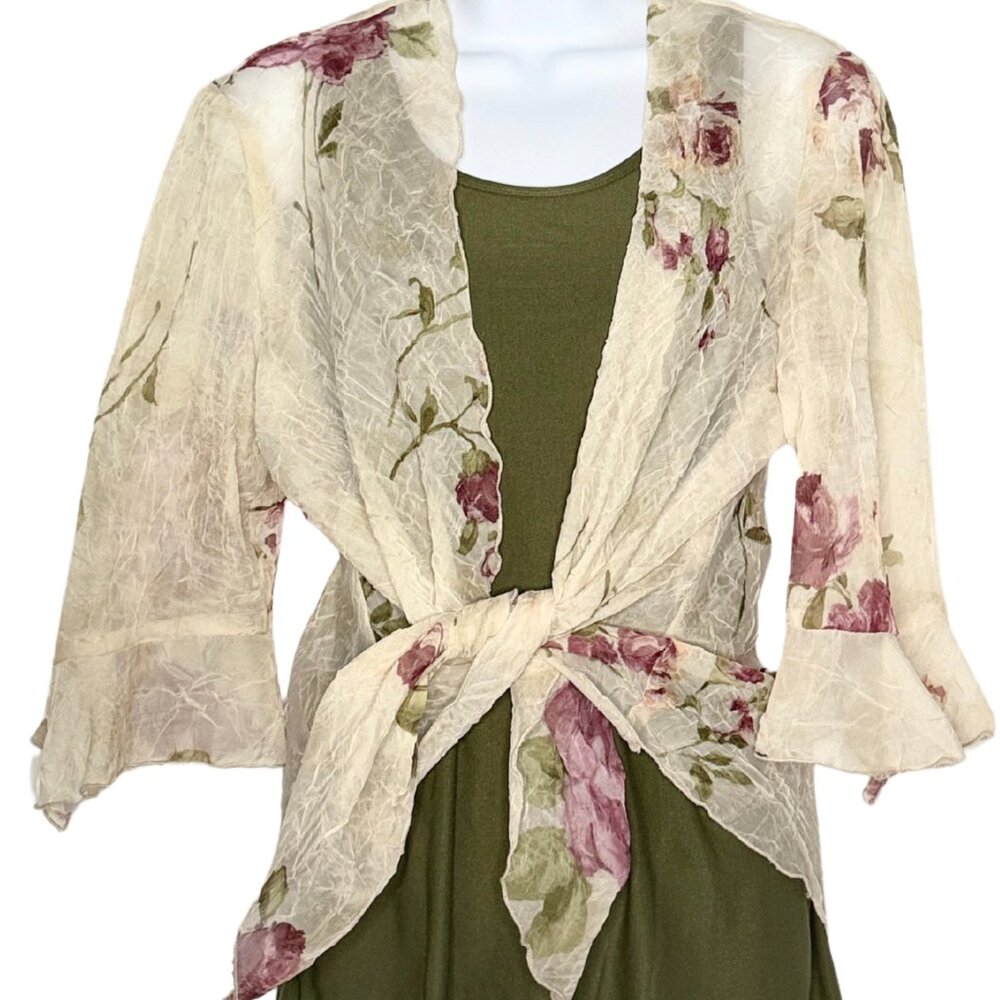 R & M Richards Sheer Floral Shrug/Wrap, Ruffle Sleeve, Tie Front, S: PM